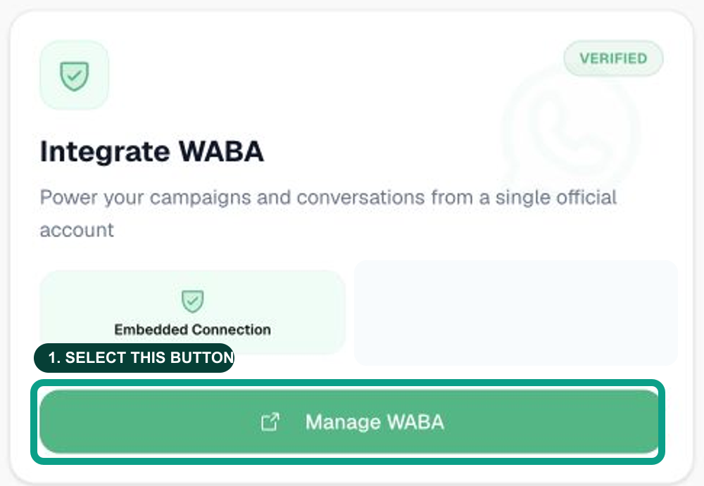 Wtflo Dashboard Integrate WABA card, with the Manage WABA button highlighted.
